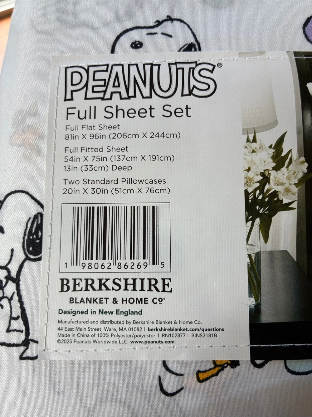 Peanuts Snoopy & Woodstock Full Sheet Set White w Purple, Teal, Yellow Accents